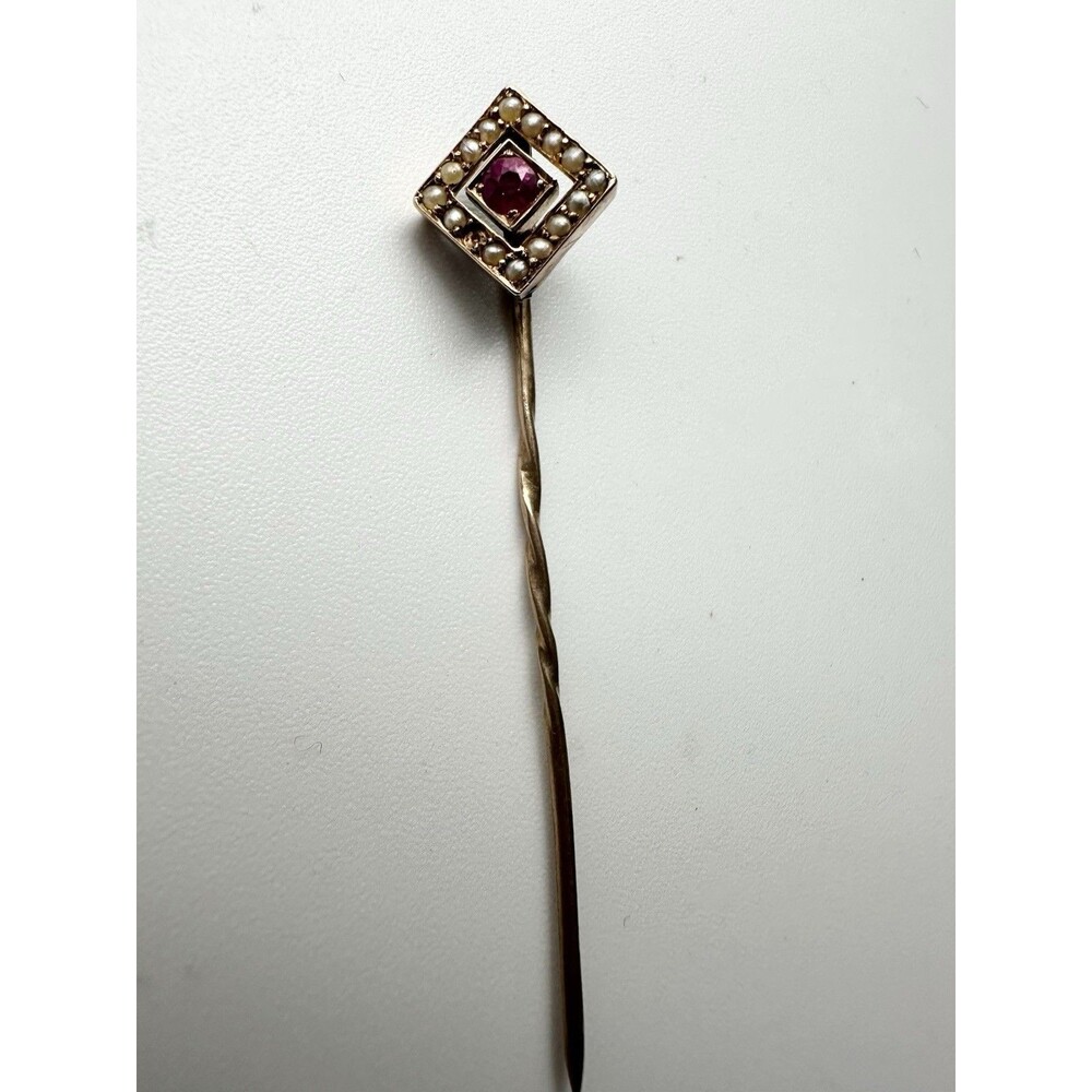 Antique Victorian 14K Gold Ruby Pearl Stickpin Missing One Pearl